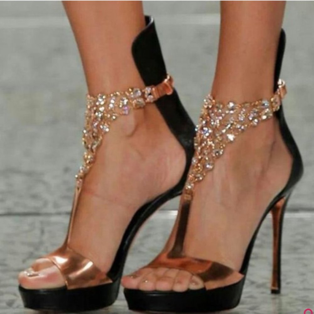 FSJ Rose Gold Shoes T Strap Platform Jeweled